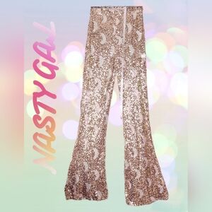 NWT Nasty Gal Metallic Gold Moon Wide leg Pants Sequin Flare Pants Women Size 0